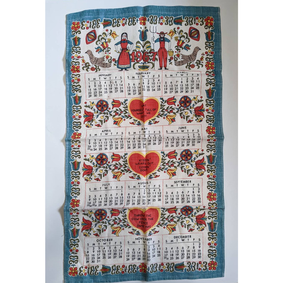Vintage 60's Pennsylvania Dutch Style 1967 Calendar Linen Tea Towel with Sayings - Picture 2 of 10